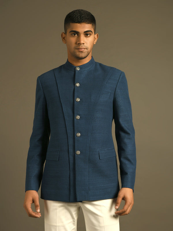 Indigo blue panel bandhgala with metal buttons