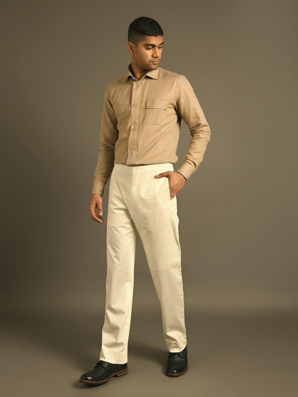 Cream Cotton Trouser with stylised Diagonal Flap