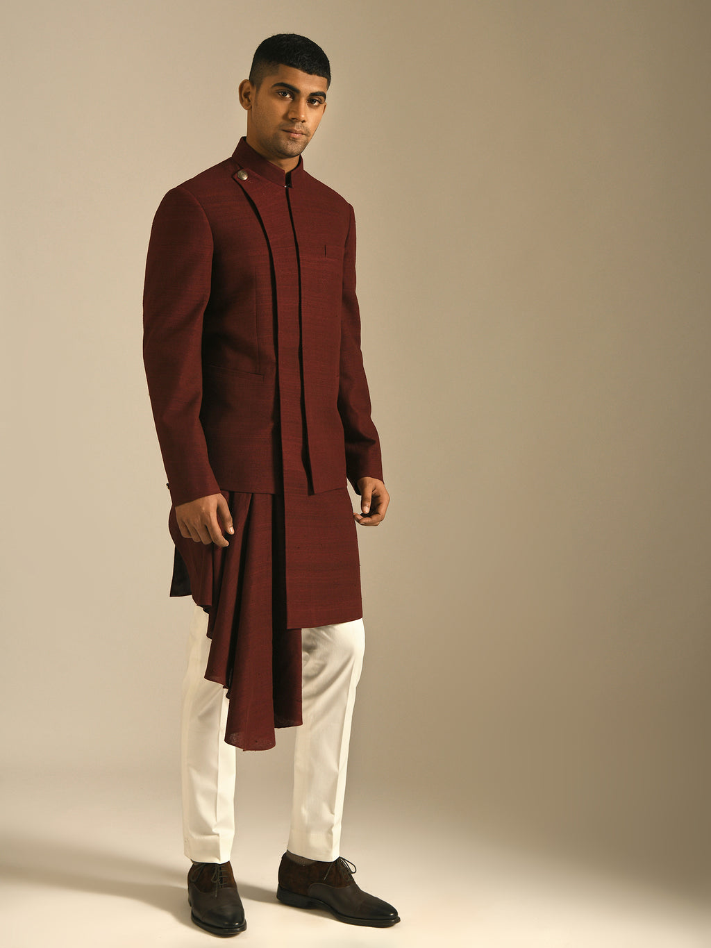 burgundy wine maroon indo-western in pure silk