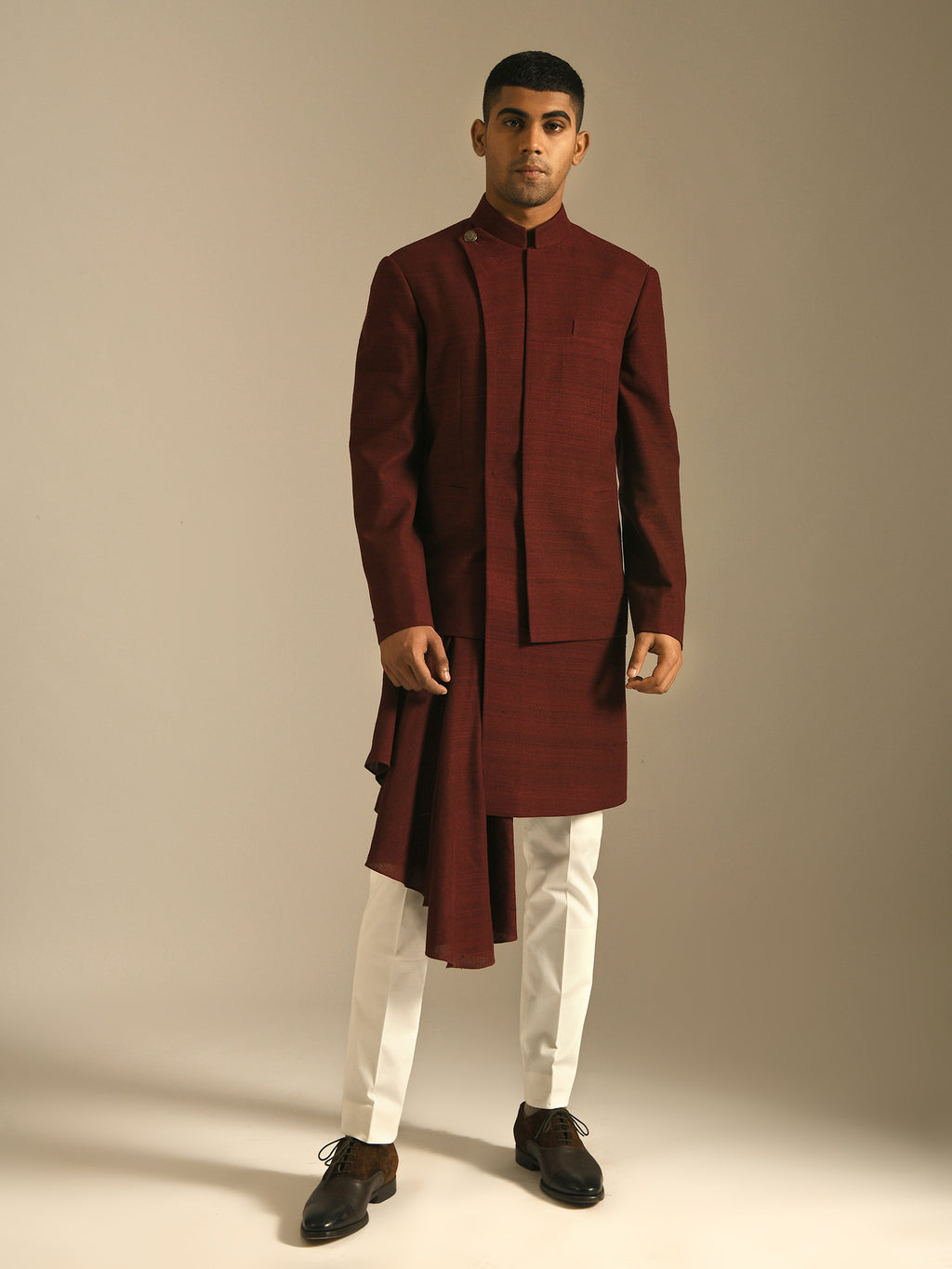burgundy wine maroon indo-western in pure silk