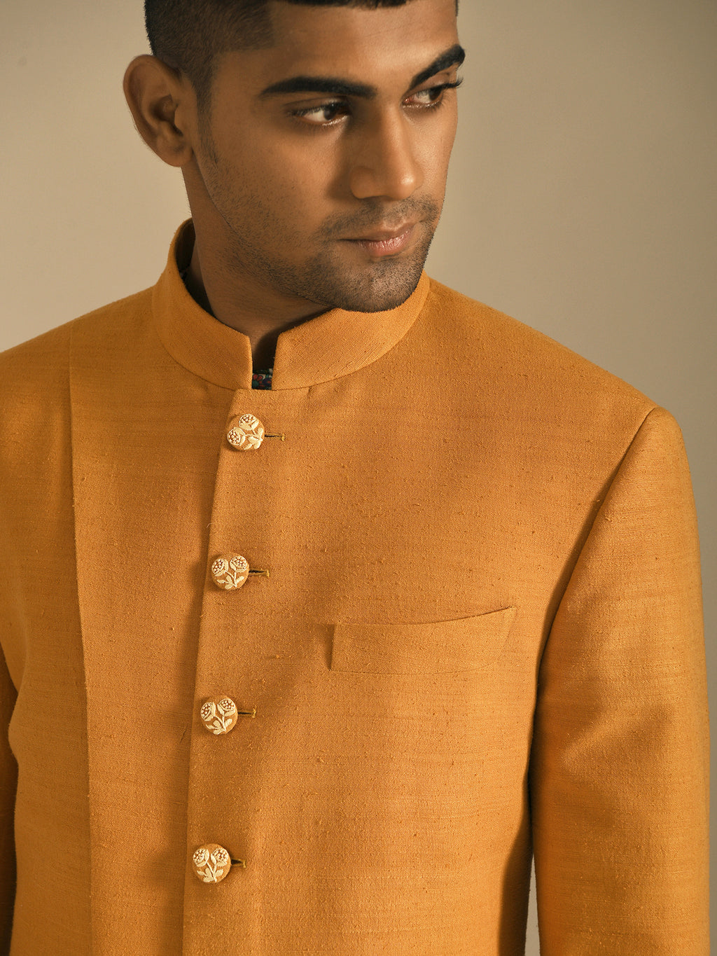 Mustard Yellow Silk sherwani