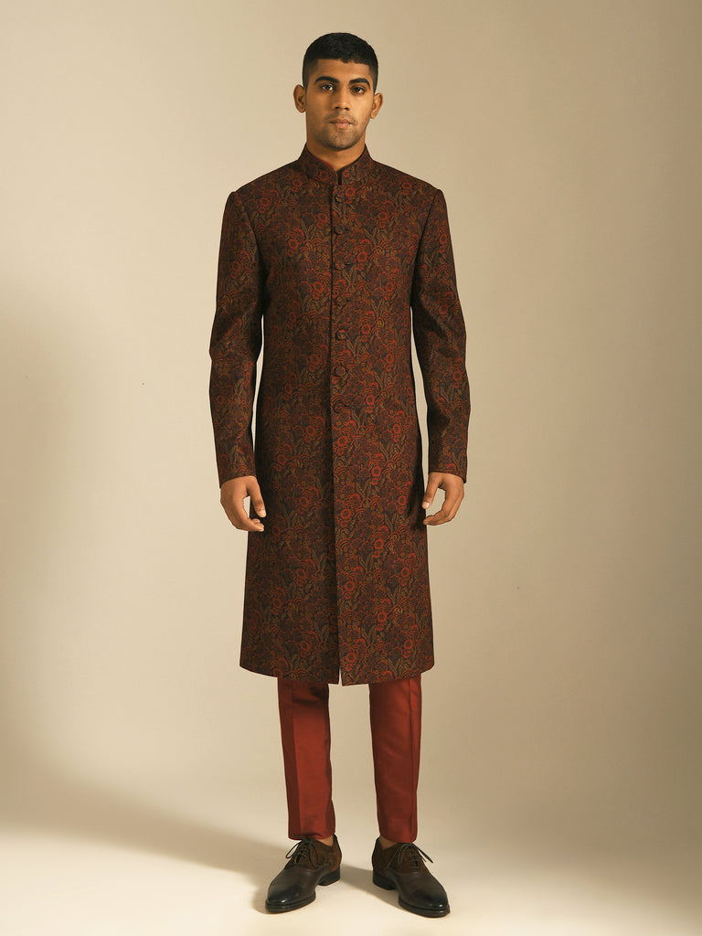 Ruby wine maroon  sherwani with fabric buttons perfect for weddings