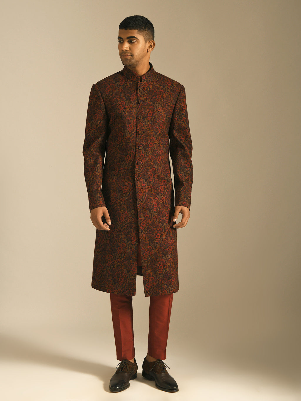 Ruby wine maroon  sherwani with fabric buttons perfect for weddings