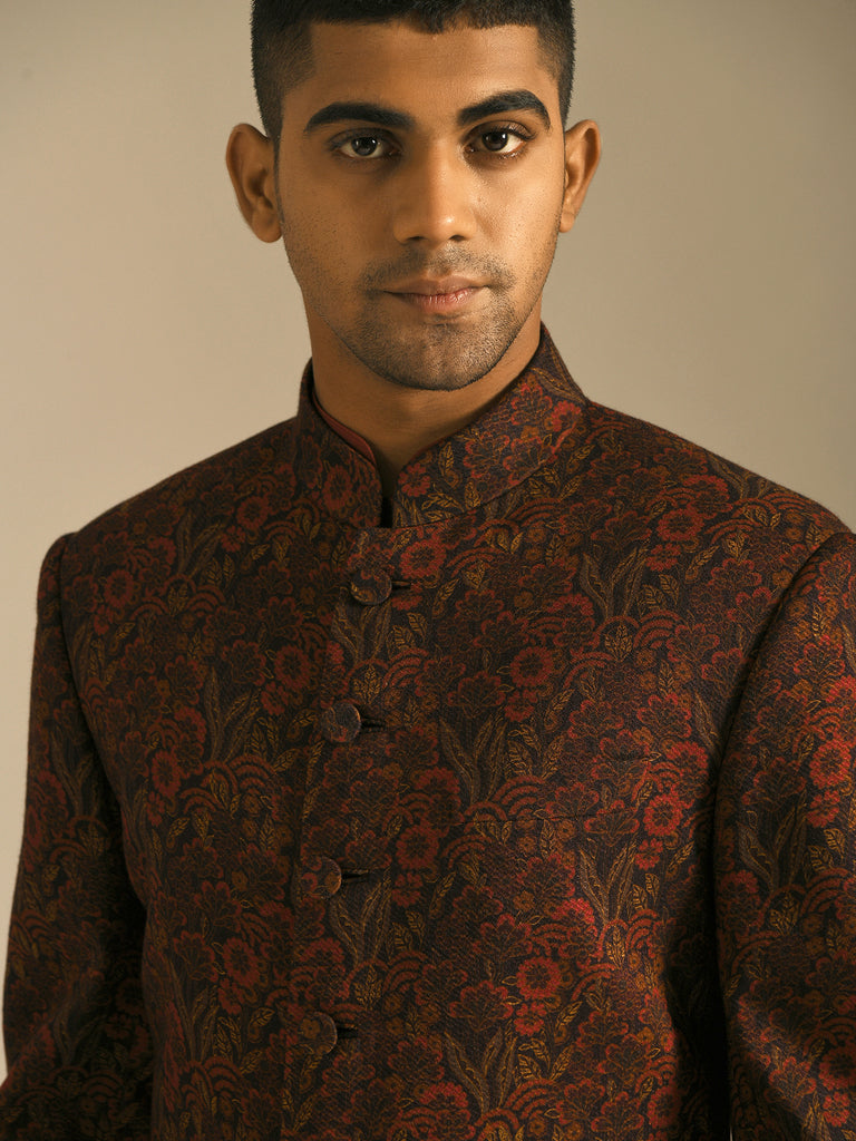 Ruby wine maroon  sherwani with fabric buttons perfect for weddings