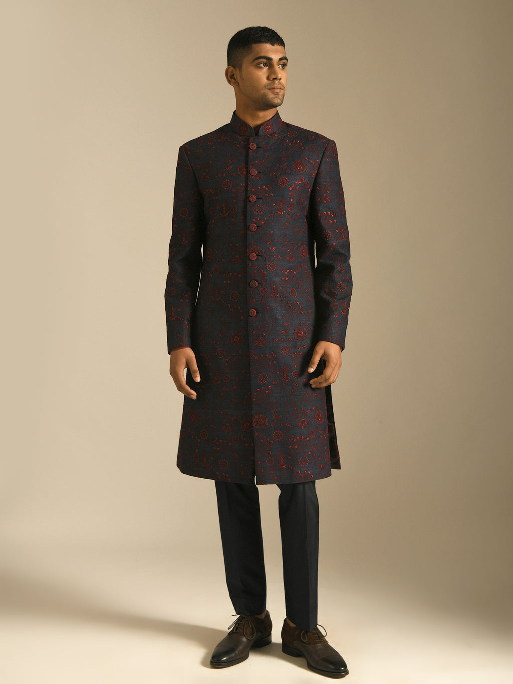 Red Navy hand embroidered silk sherwani