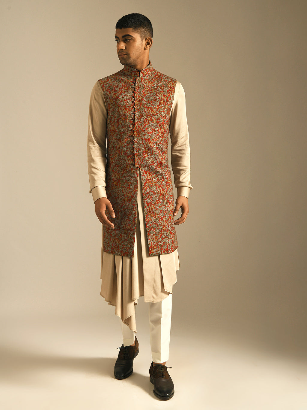 Red brown printed long nehru jacket, bundi, modi jacket