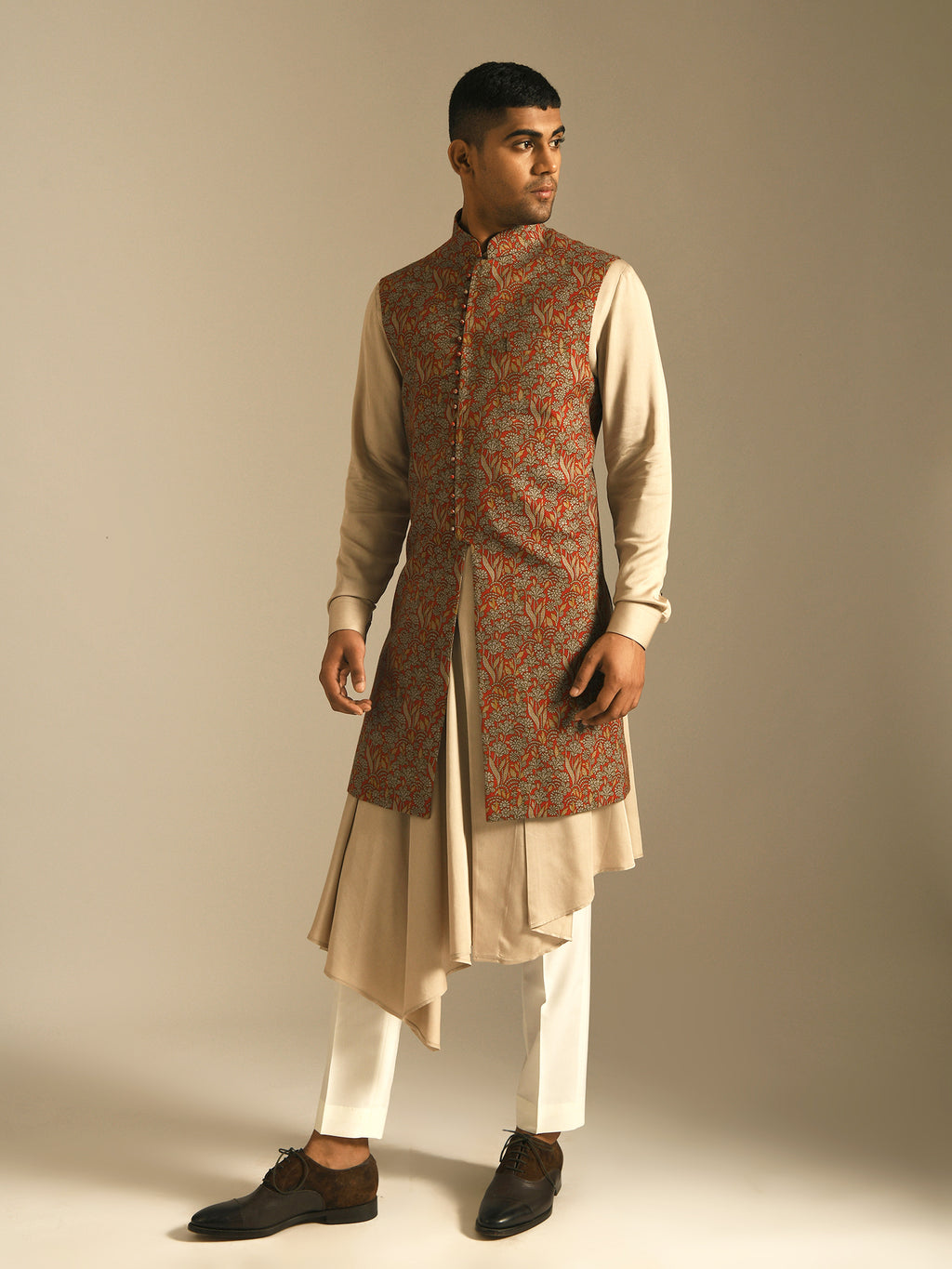 Red brown printed long nehru jacket, bundi, modi jacket