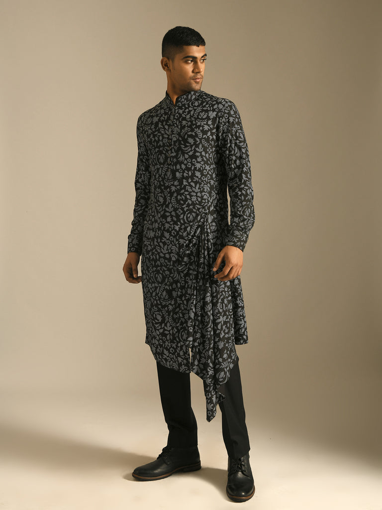 Black printed side draped kurta set in Cotton satin
