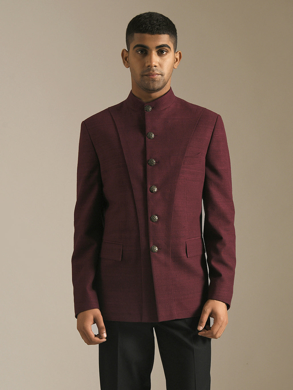 burguny wine bandhgala with panel and metal buttons
