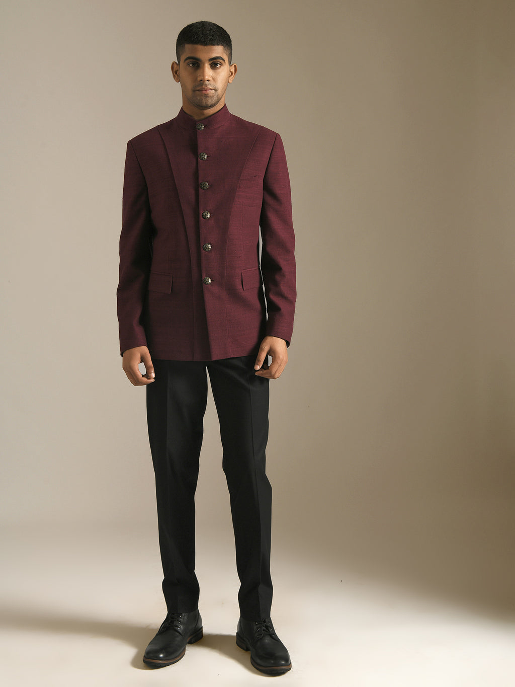 burguny wine bandhgala with panel and metal buttons