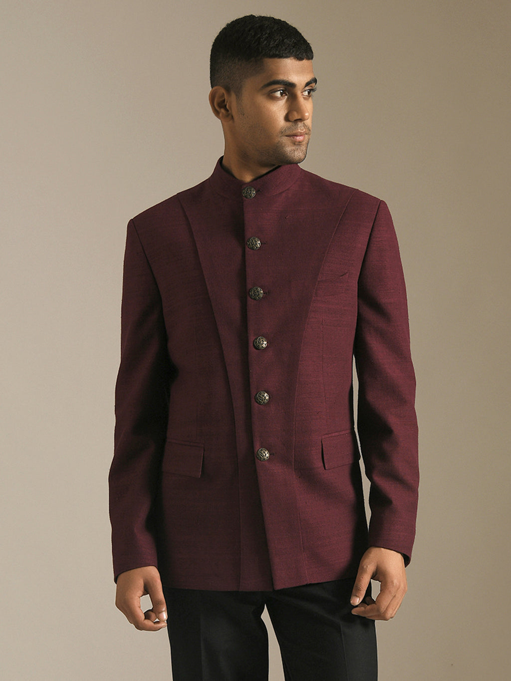 burguny wine bandhgala with panel and metal buttons