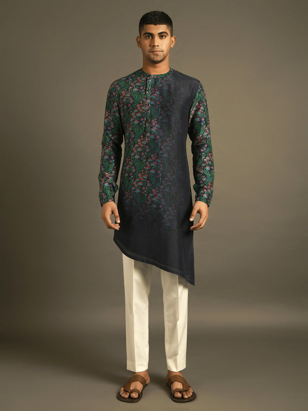 Green and Indigo blue printed dip dyed kurta set