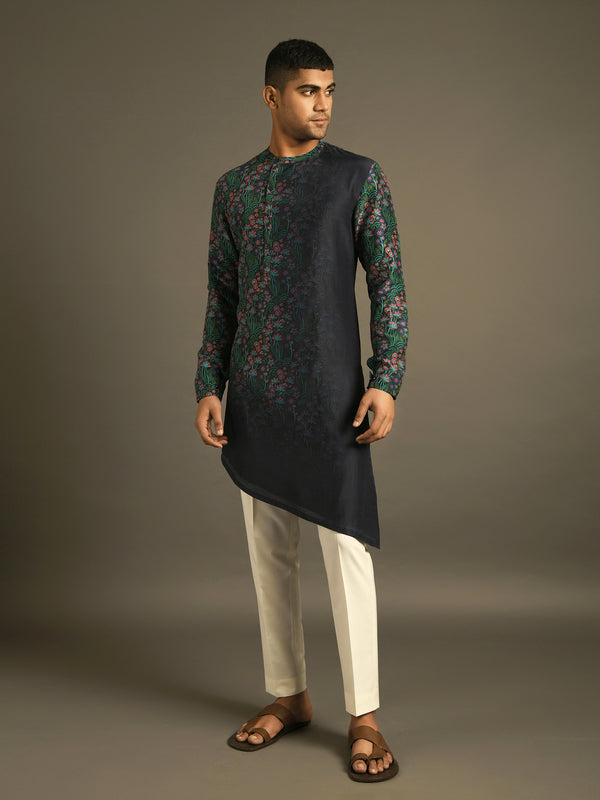 Green and Indigo blue printed dip dyed kurta set