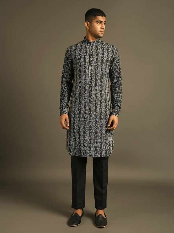 Black printed textured kurta set