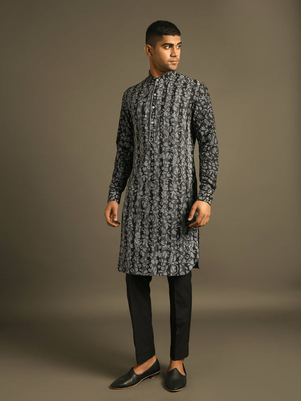 Black printed textured kurta set