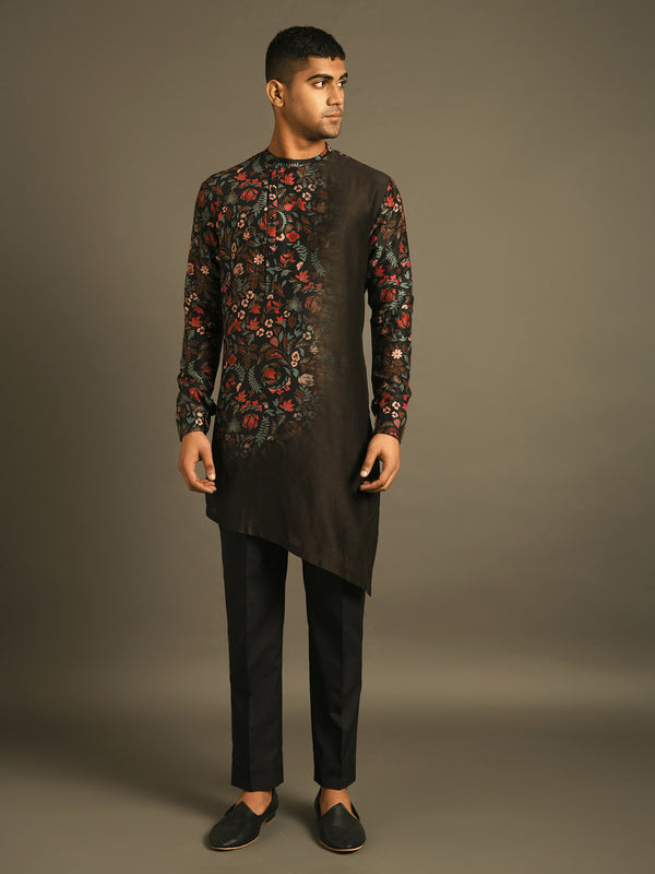 Black printed dip dyed cotton chanderi kurta set
