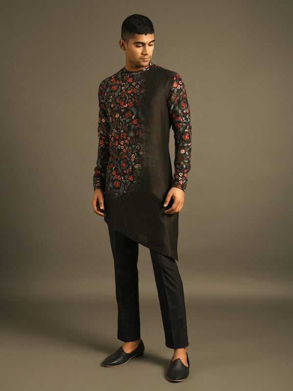 Black printed dip dyed cotton chanderi kurta set
