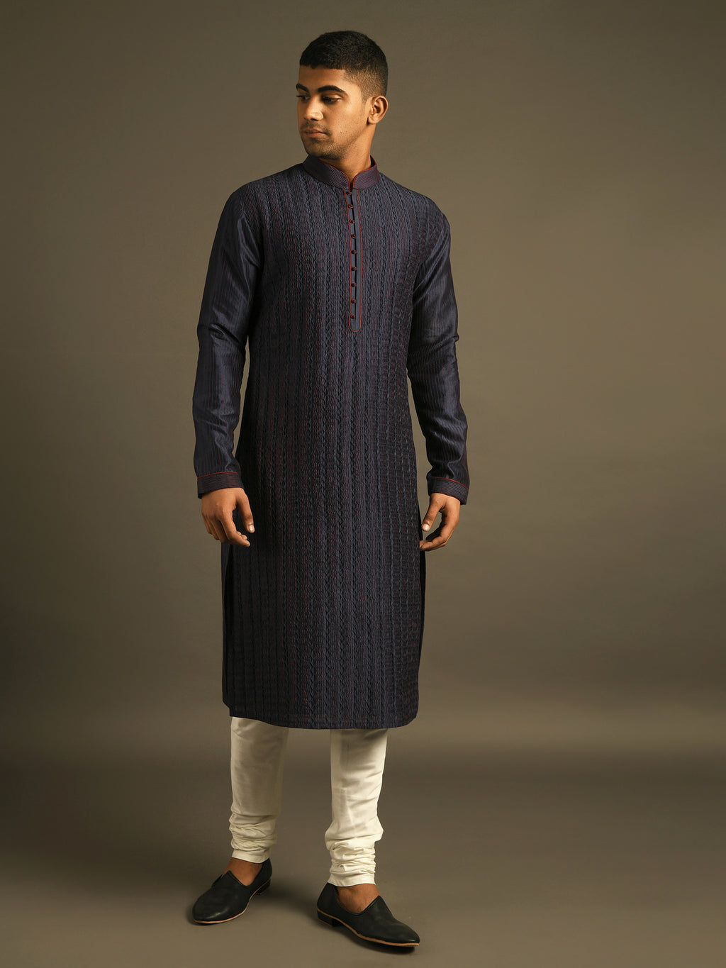 navy blue pintuck detailing hand embroidered cotton silk kurta set