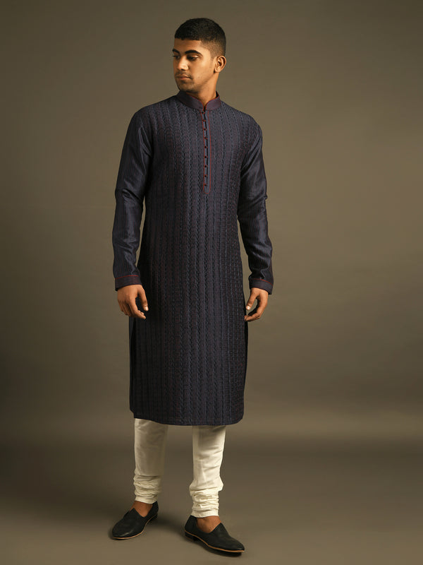 navy blue pintuck detailing hand embroidered cotton silk kurta set