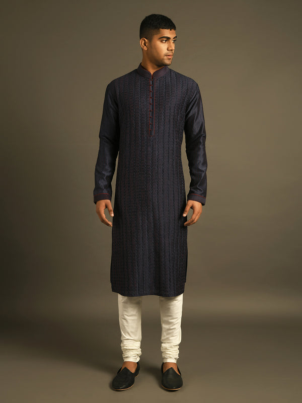 navy blue pintuck detailing hand embroidered cotton silk kurta set