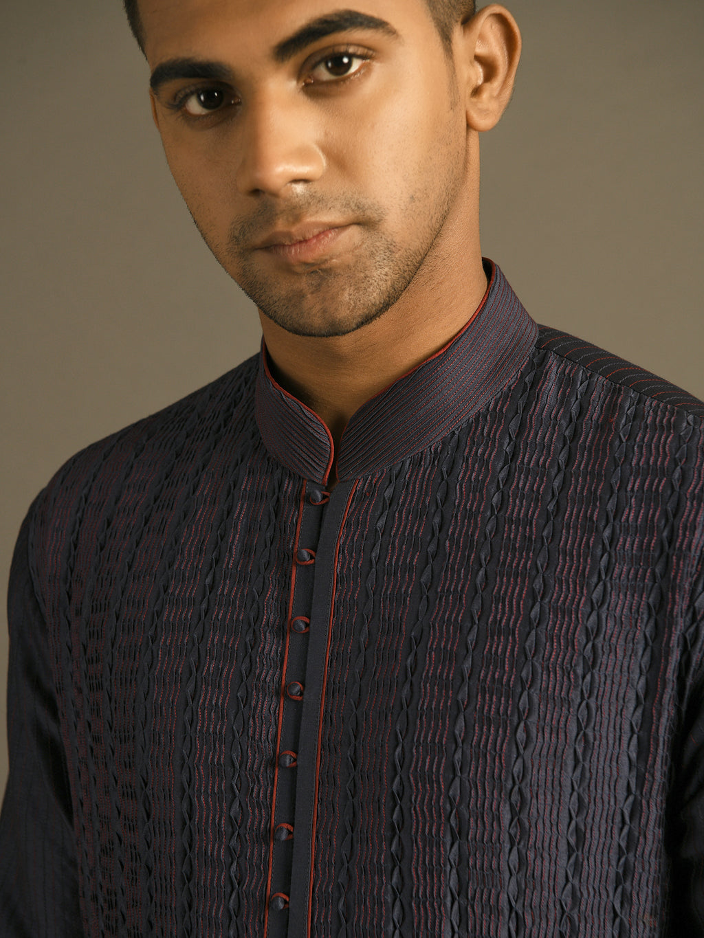 navy blue pintuck detailing hand embroidered cotton silk kurta set