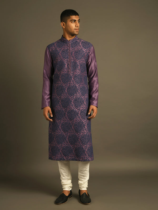 Purple blue hand embroidered kurta set