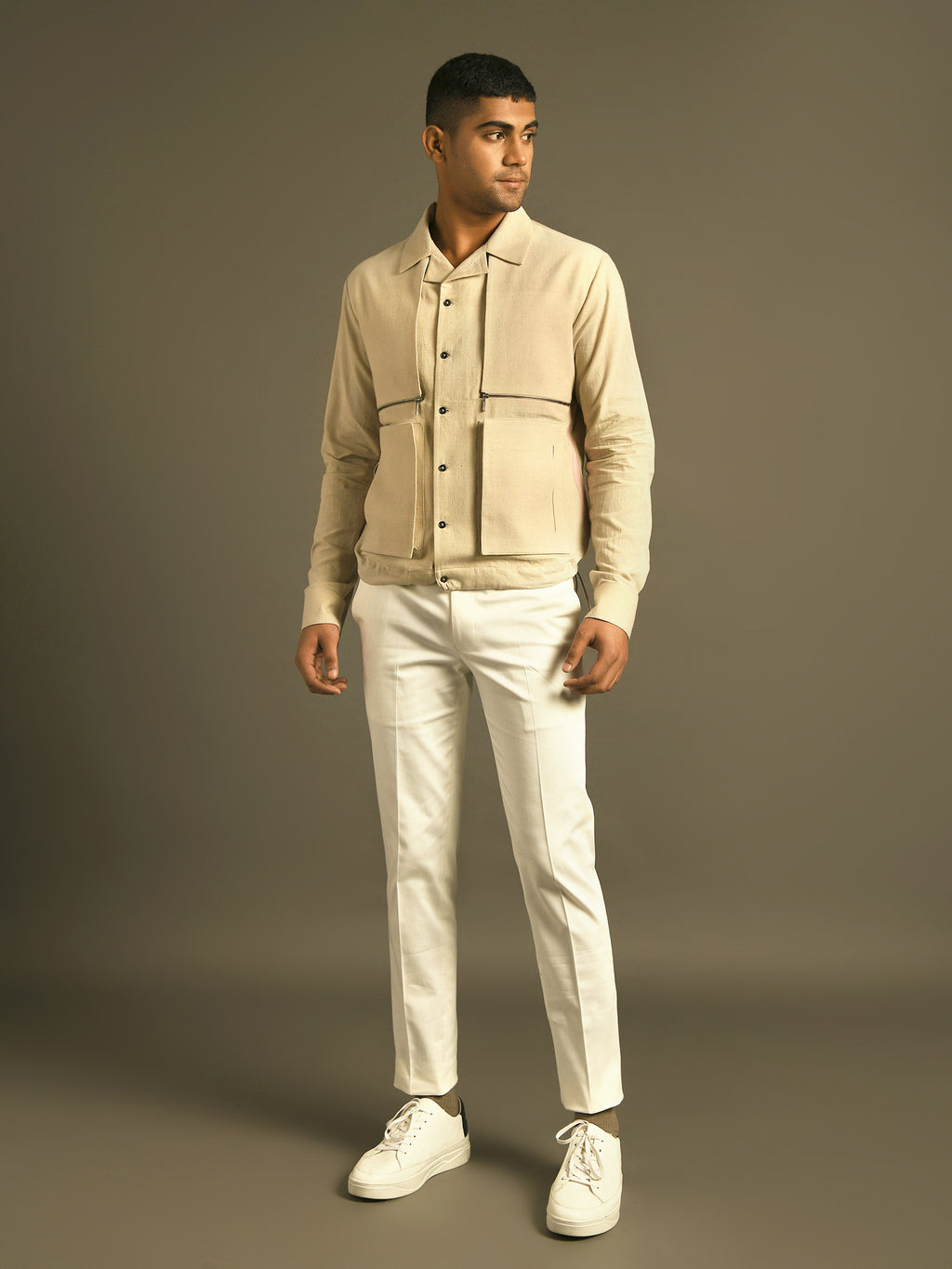 beige cool handloom cotton jacket shirt