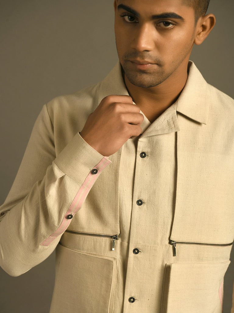 beige cool handloom cotton jacket shirt