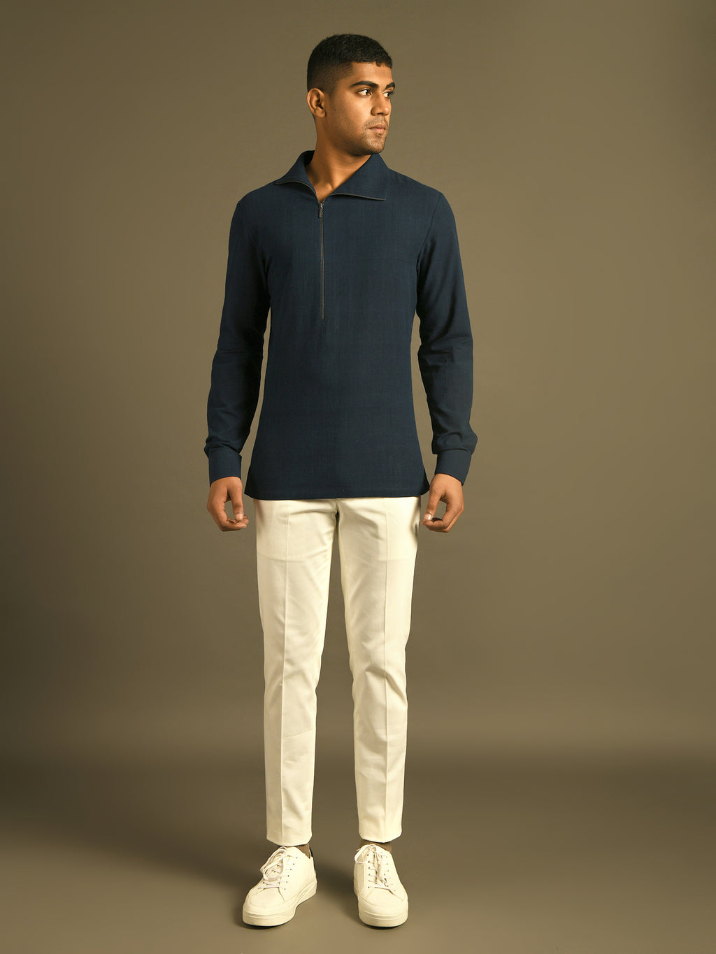 navy blue side zipper lapel kurta shirt in Indian handloom cotton
