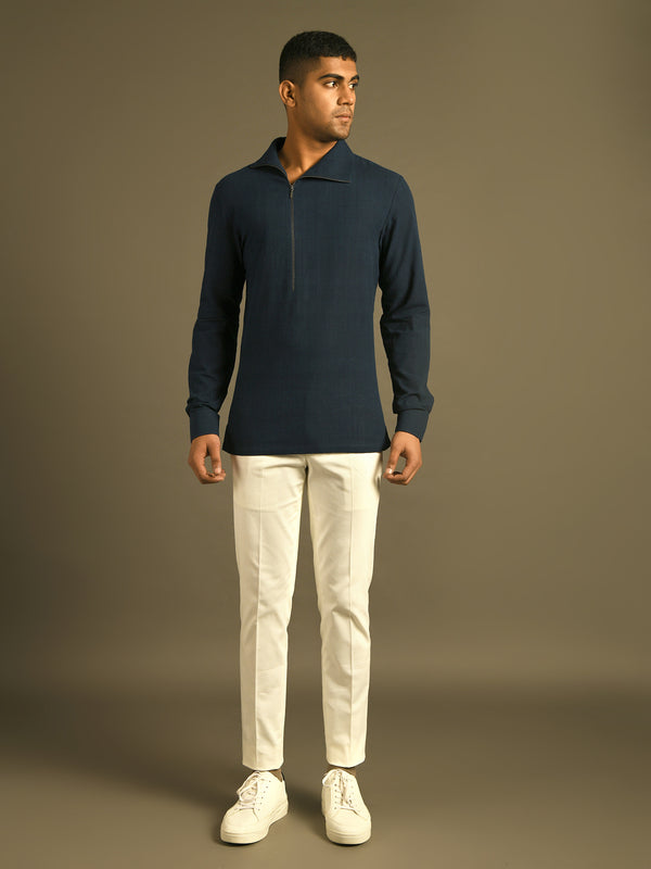 navy blue side zipper lapel kurta shirt in Indian handloom cotton