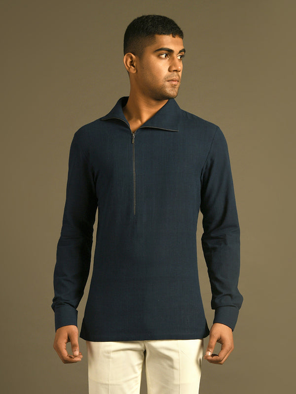 navy blue side zipper lapel kurta shirt in Indian handloom cotton