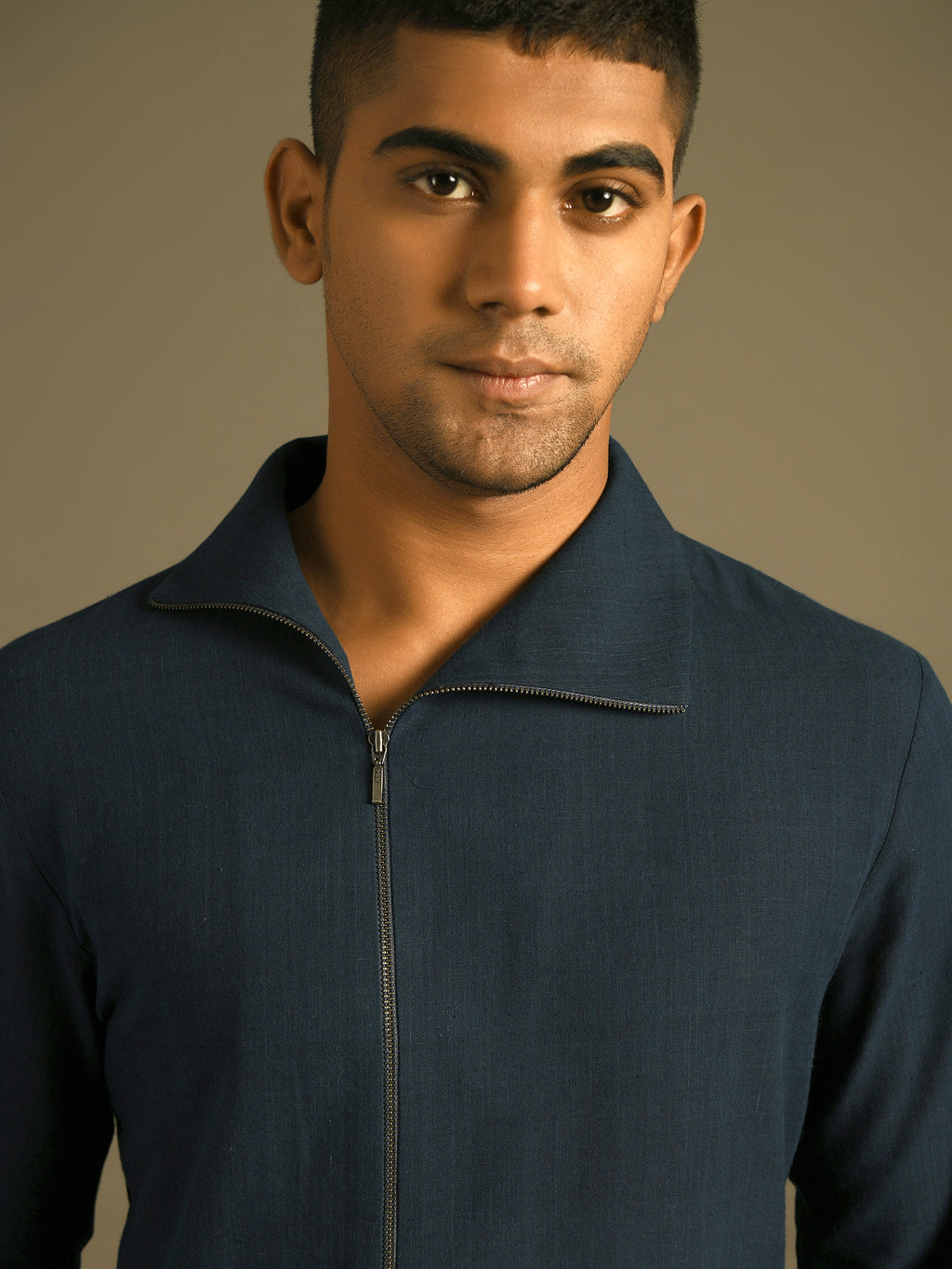 navy blue side zipper lapel kurta shirt in Indian handloom cotton