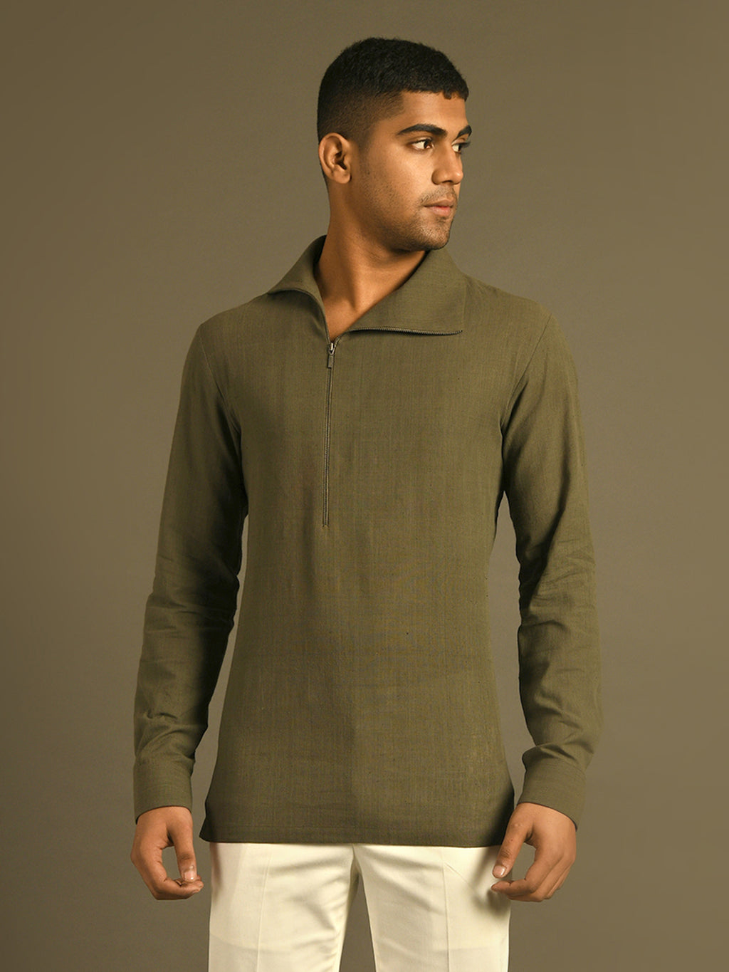 olive green side zipper opening shirt in Indian Handloom cotton