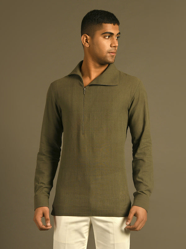 olive green side zipper opening shirt in Indian Handloom cotton