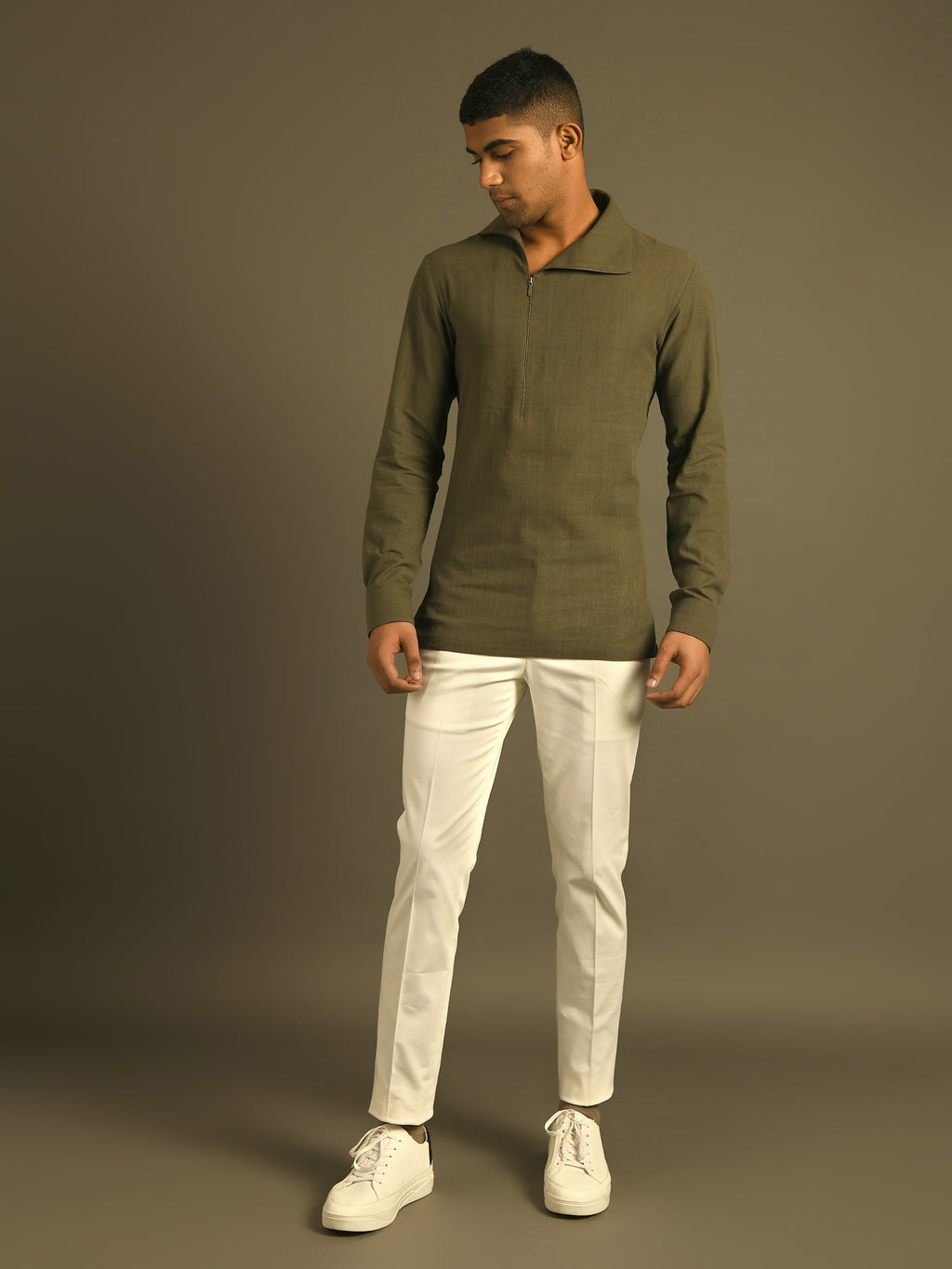 olive green side zipper opening shirt in Indian Handloom cotton