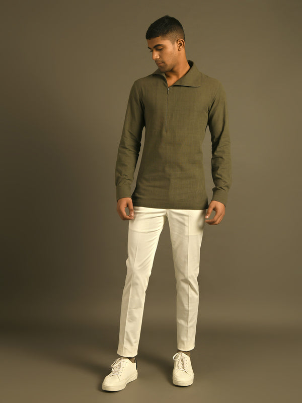 olive green side zipper opening shirt in Indian Handloom cotton