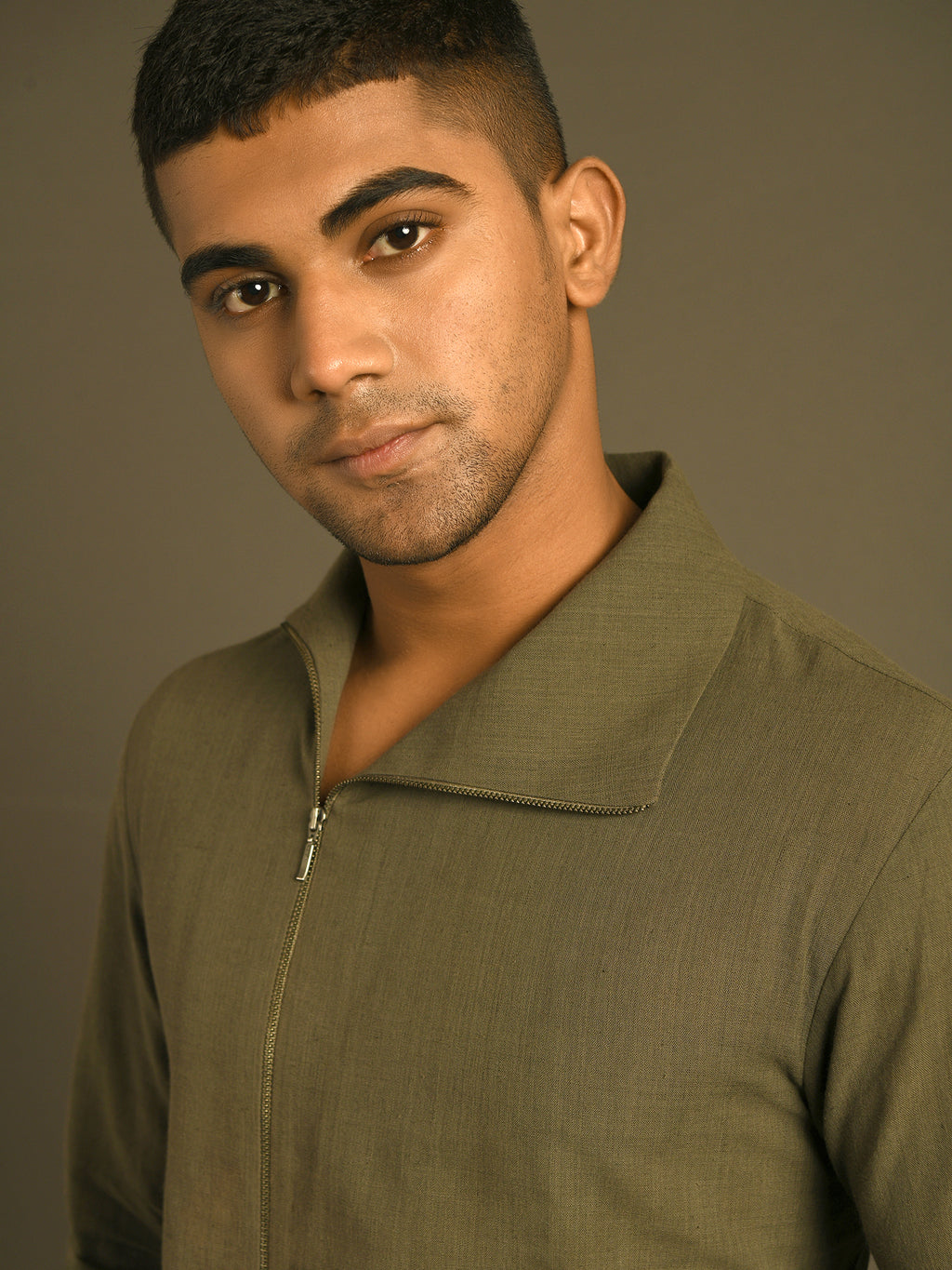 olive green side zipper opening shirt in Indian Handloom cotton