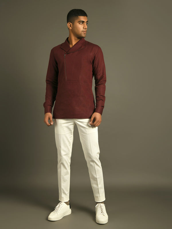 burguny wine zipper lapel kurta shirt in handloom cotton