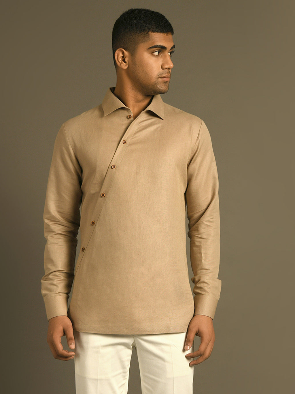 Beige diagonal placket cotton linen shirt