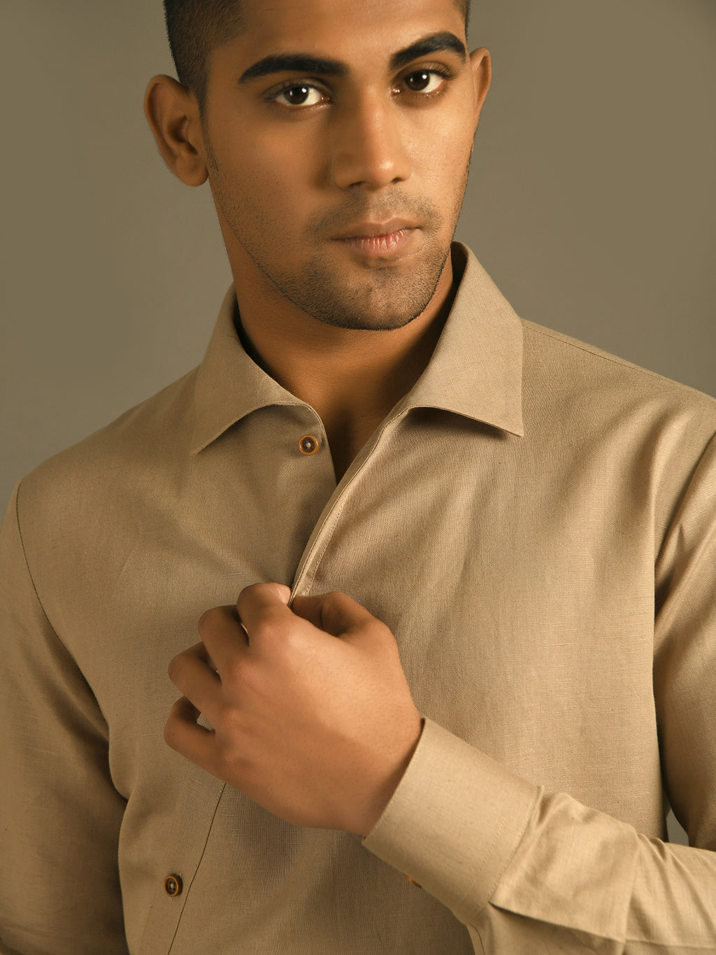 Beige diagonal placket cotton linen shirt