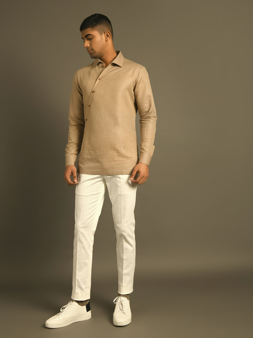 Beige diagonal placket cotton linen shirt