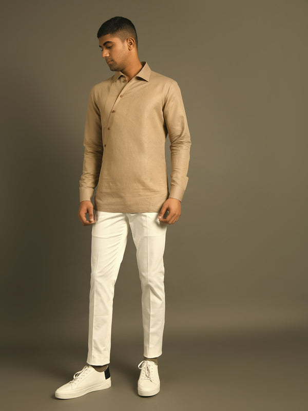 Beige diagonal placket cotton linen shirt