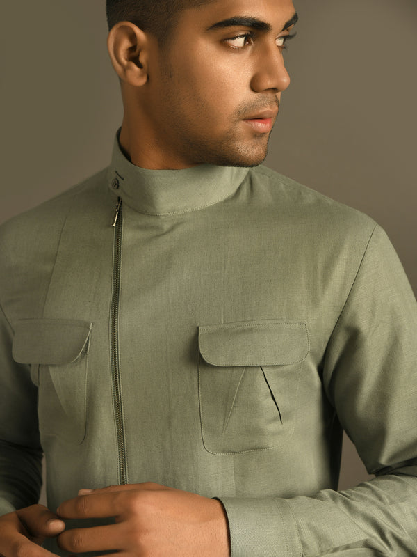 green Zipper casual semi formal short kurta with chest pocket