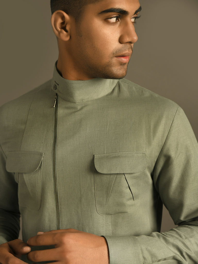 green Zipper casual semi formal short kurta with chest pocket