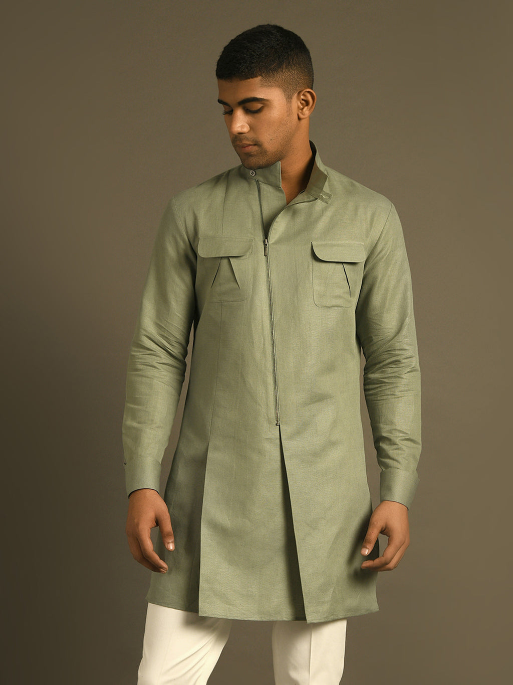 green Zipper casual semi formal short kurta with chest pocket