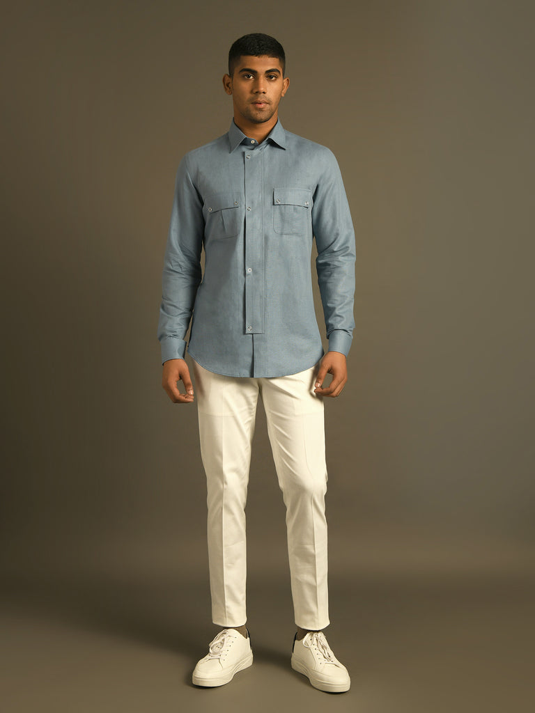 Light Blue Snap button cotton linen Shirt with pockets