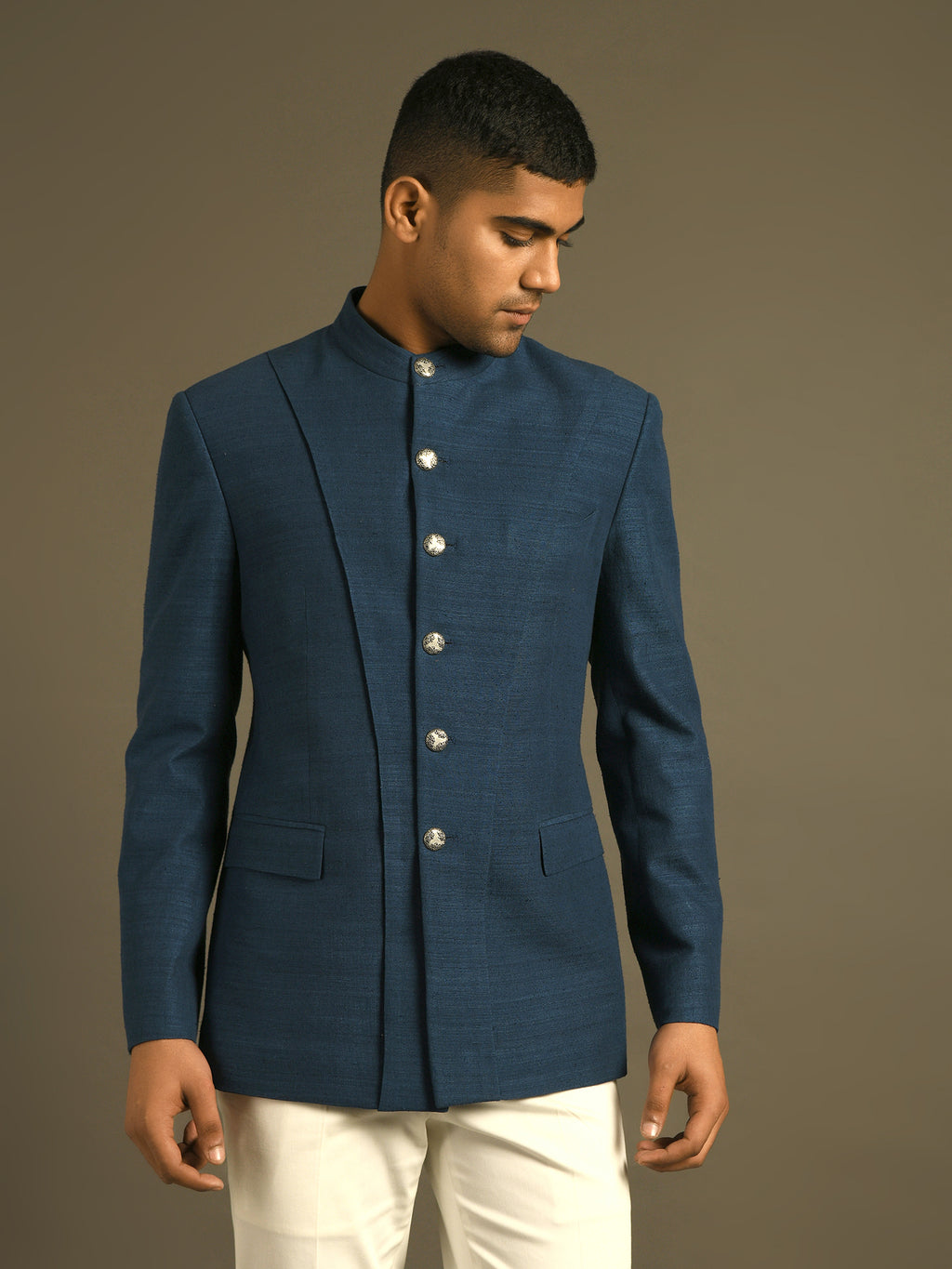 Indigo blue panel bandhgala with metal buttons