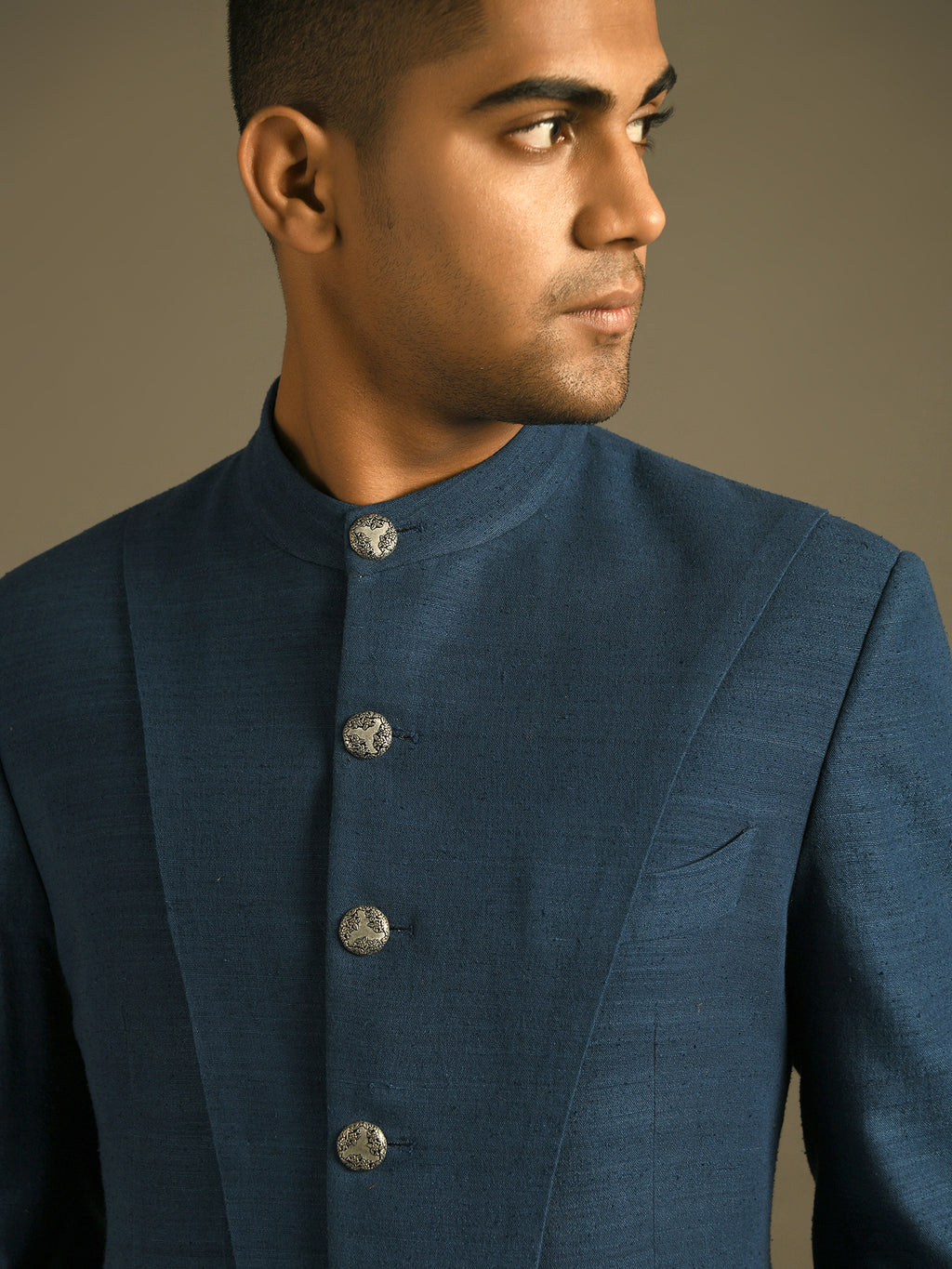 Indigo blue panel bandhgala with metal buttons