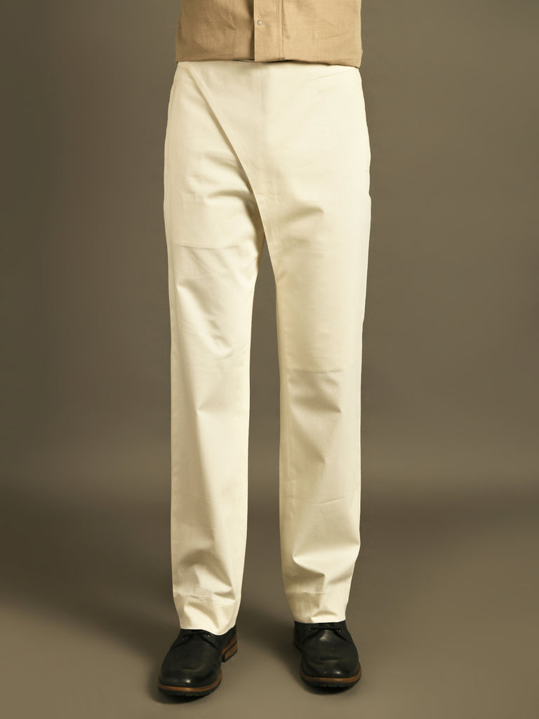 Cream Cotton Trouser with stylised Diagonal Flap